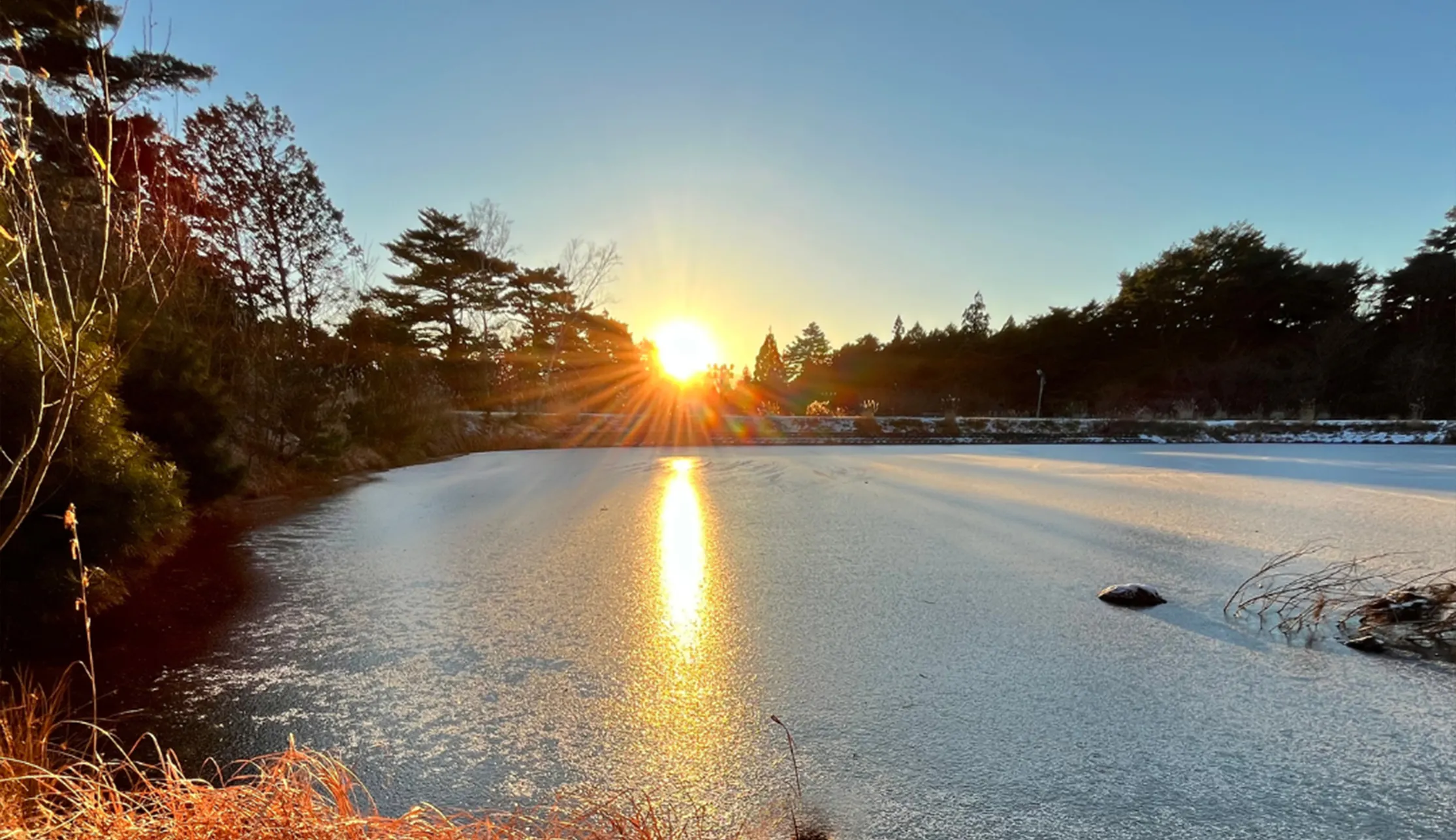 大沼湖から望む朝日